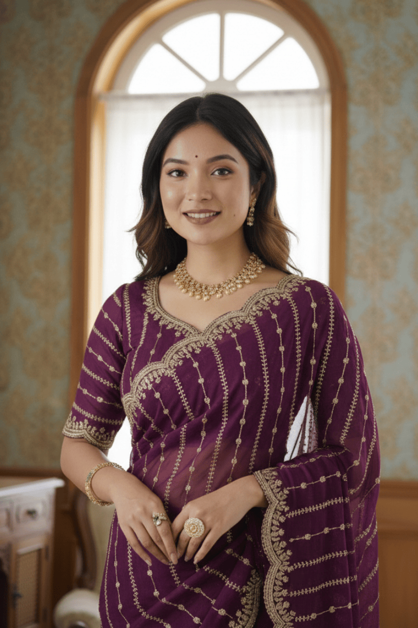 Purple Fendi Satin Embroidery Saree