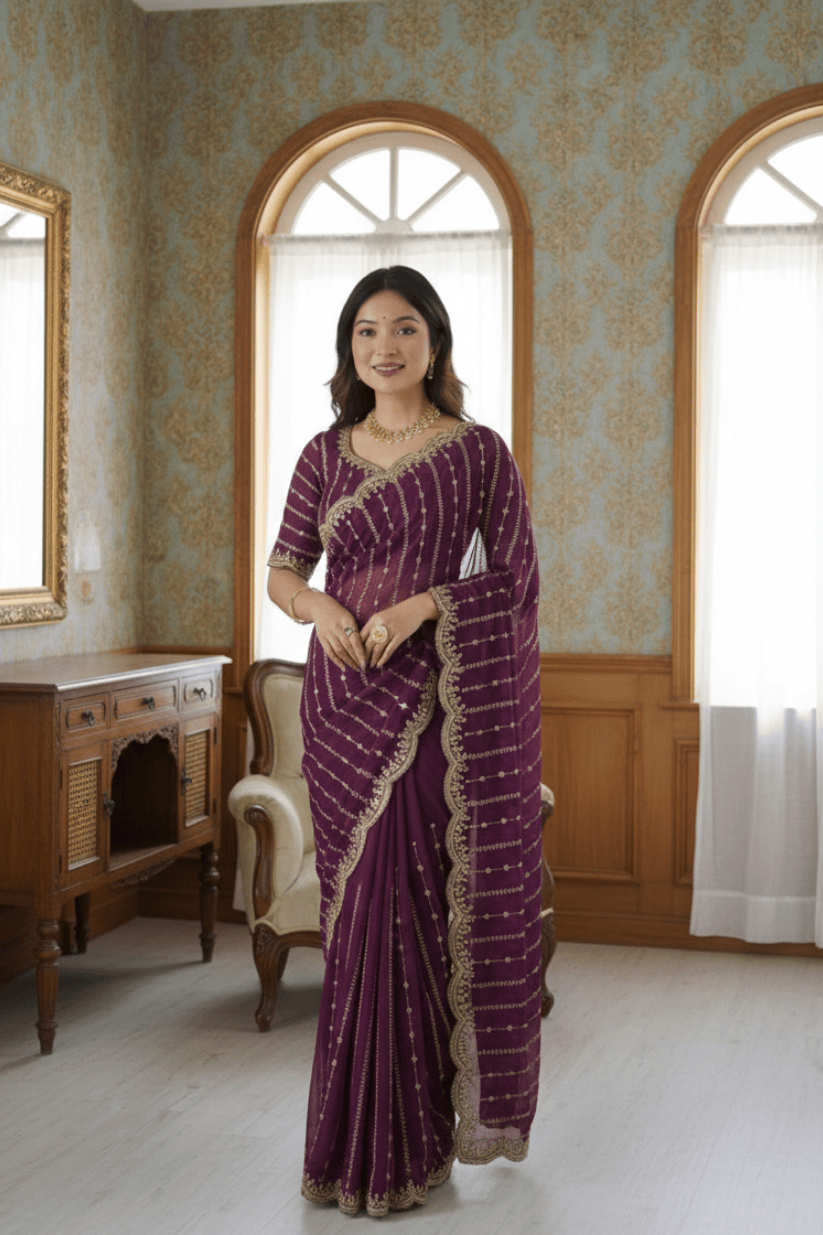 Purple Fendi Satin Embroidery Saree