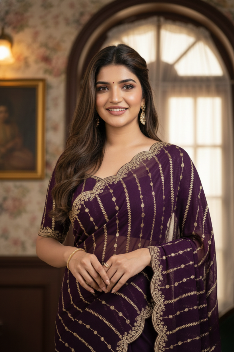 Purple Fendi Satin Embroidery Saree