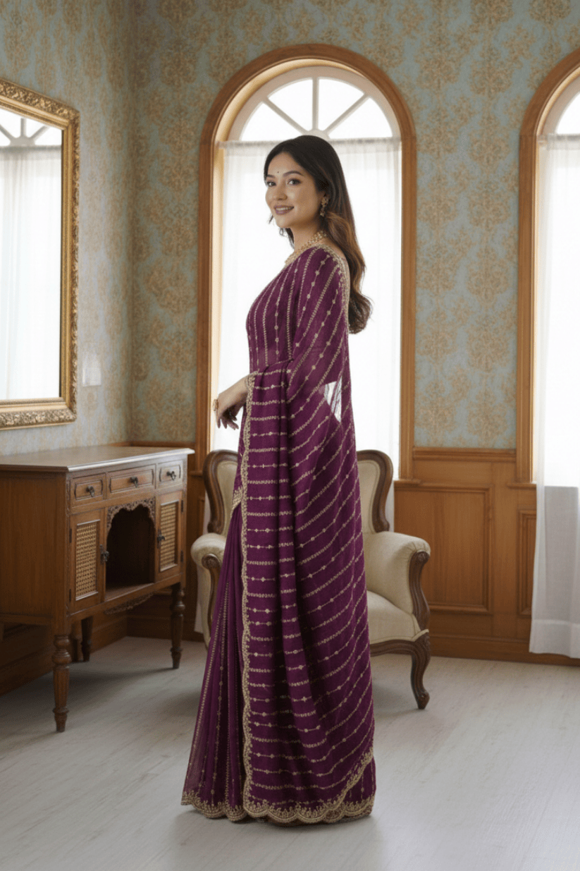 Purple Fendi Satin Embroidery Saree