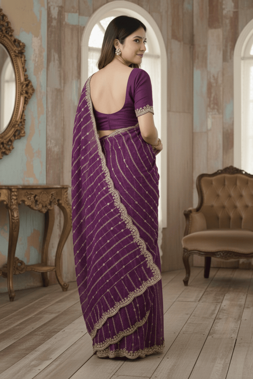 Purple Fendi Satin Embroidery Saree