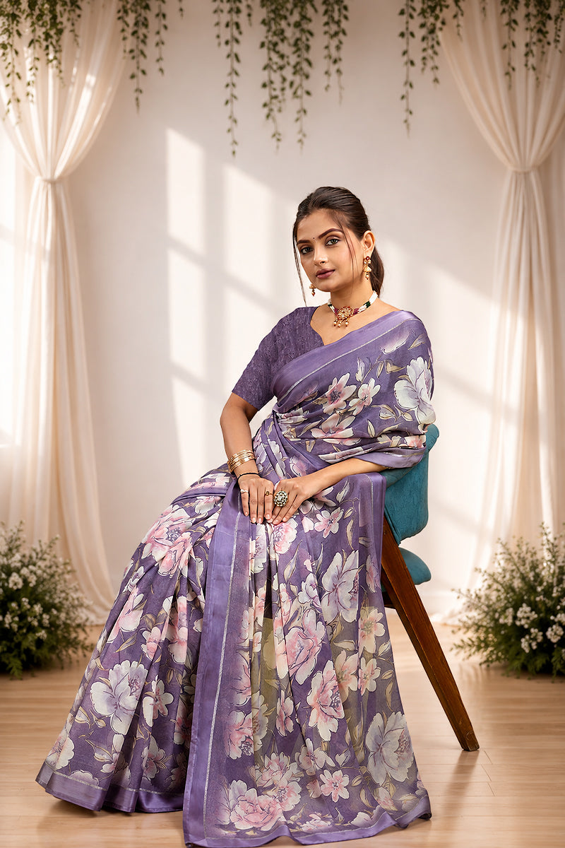 Purple Floral Print Bright Moss Satin Border Saree