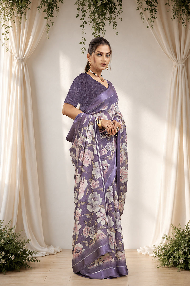 Purple Floral Print Bright Moss Satin Border Saree