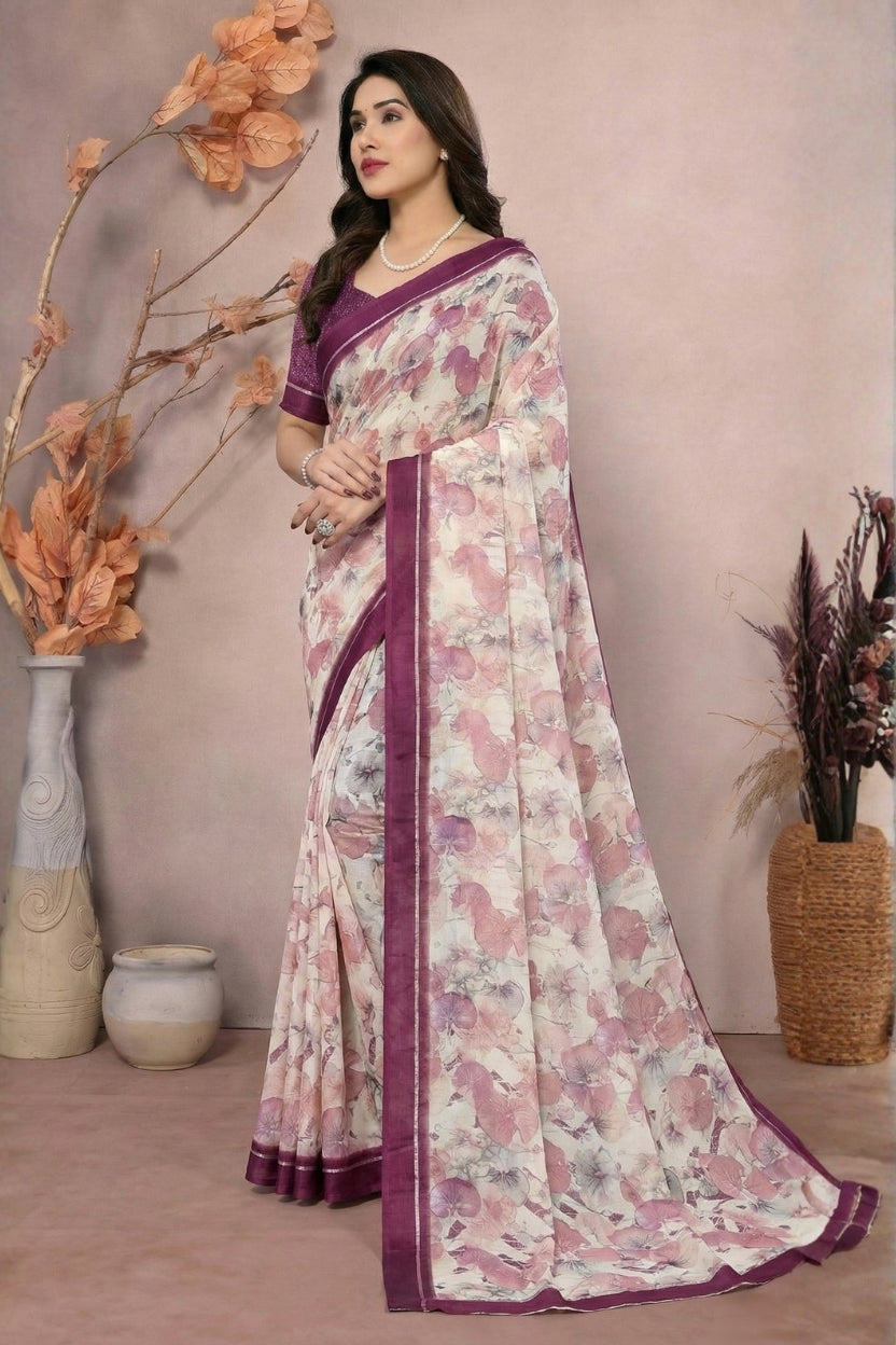 Purple Satin Printed Saree