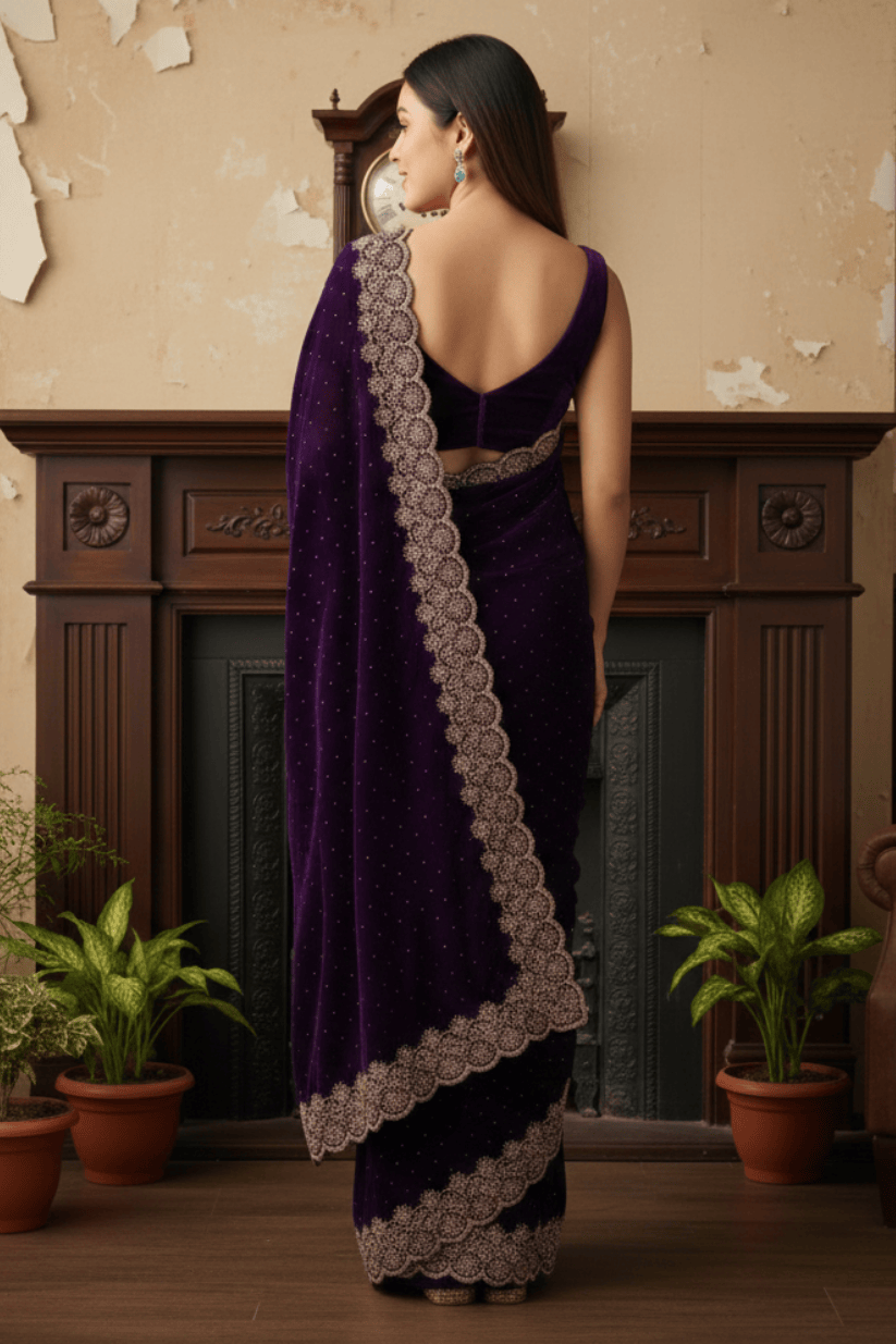 Purple Soft Silk Swarovski Embroidery Saree