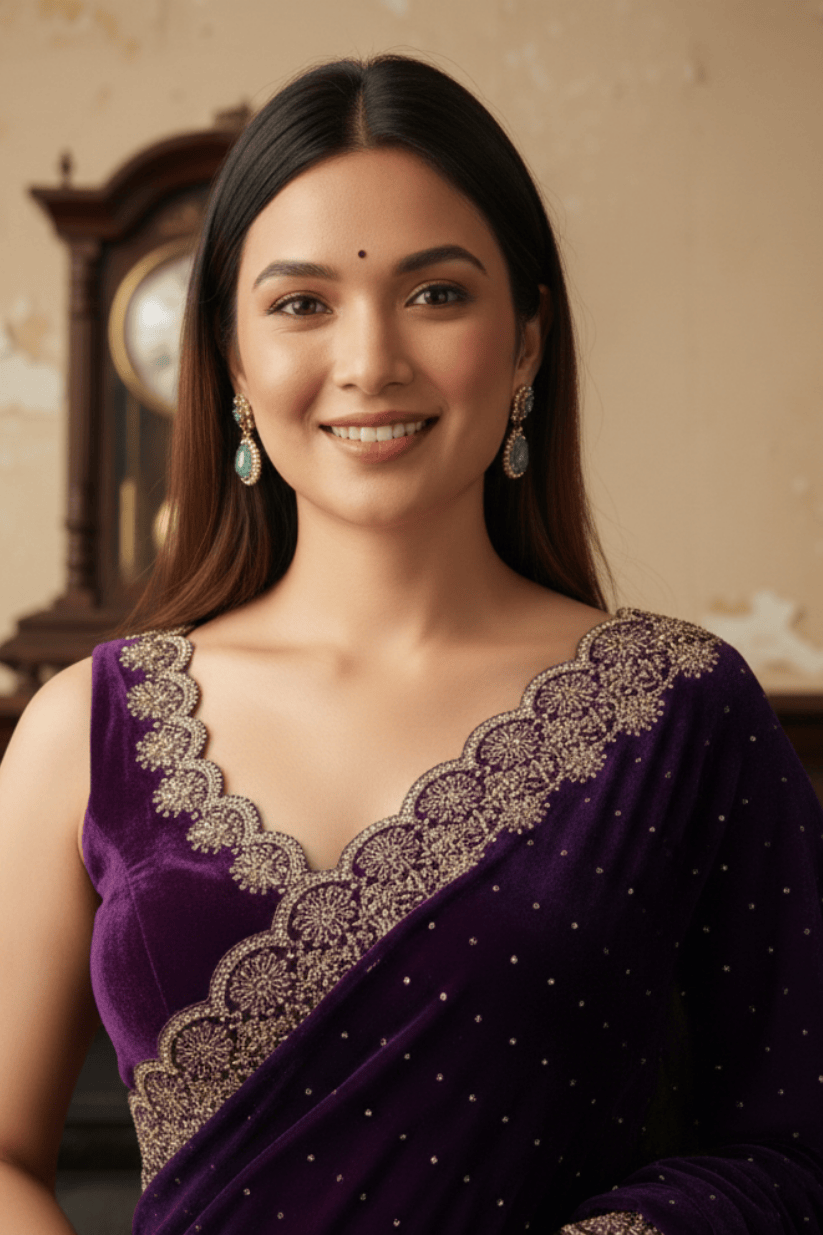 Purple Soft Silk Swarovski Embroidery Saree