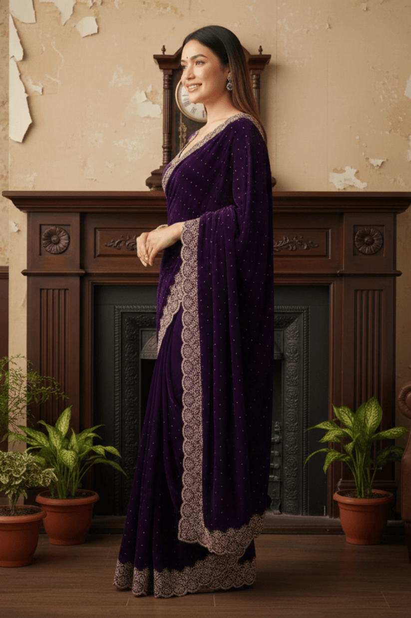 Purple Soft Silk Swarovski Embroidery Saree