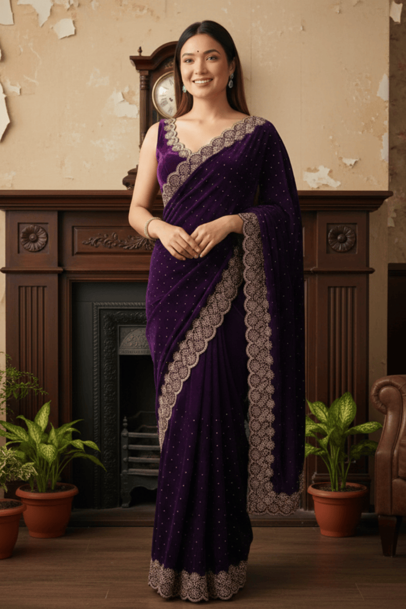 Purple Soft Silk Swarovski Embroidery Saree