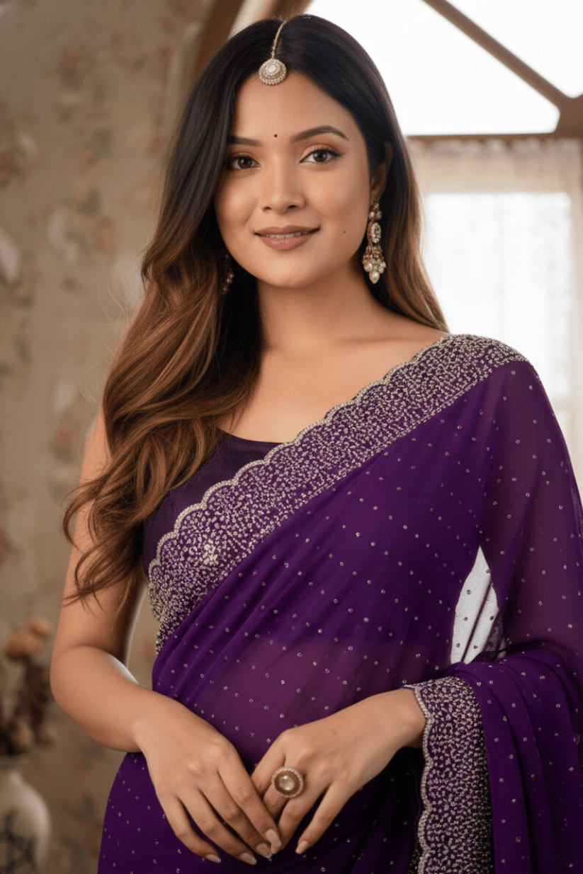 Purple Swarovski Soft Silk Saree
