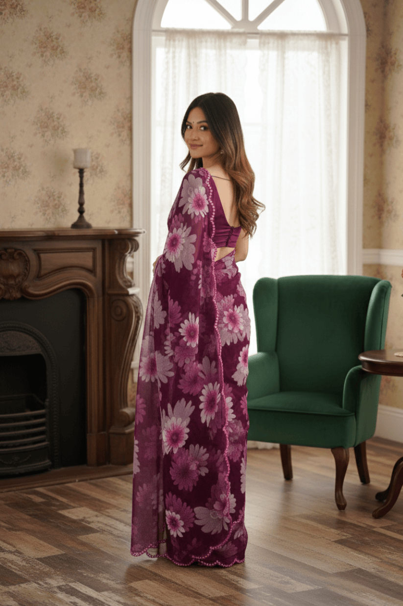 Purple Floral Printed Georgette Saree