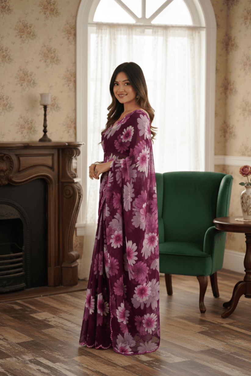 Purple Floral Printed Georgette Saree