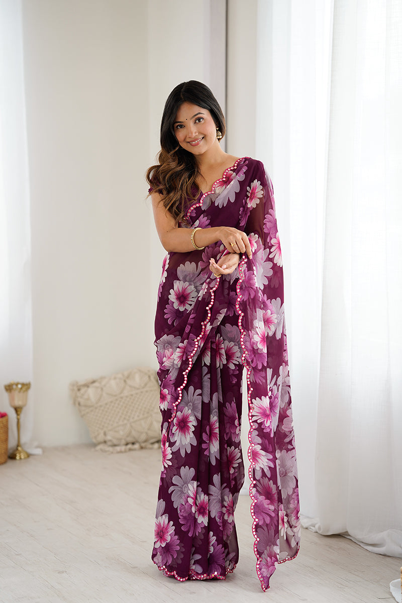 Purple Floral Printed Georgette Saree