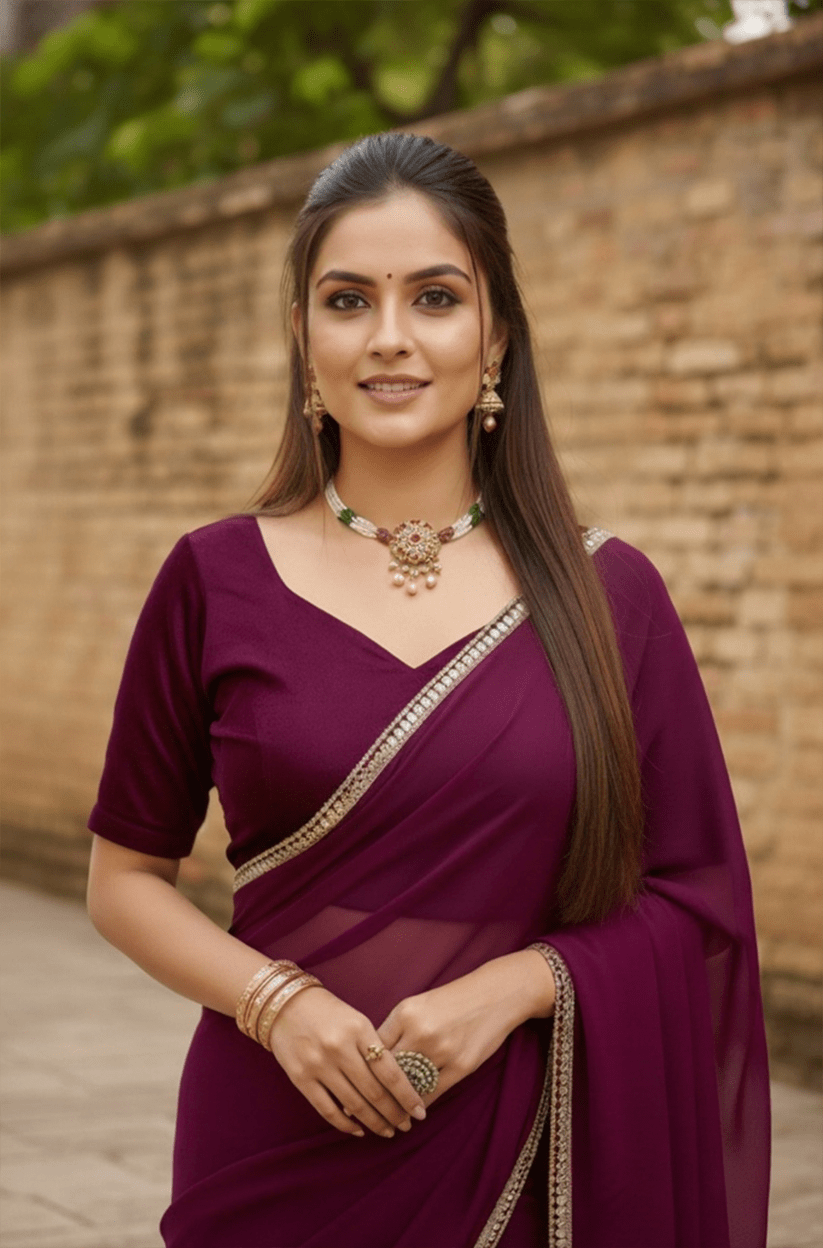 Purple Mirror Lace Georgette Saree