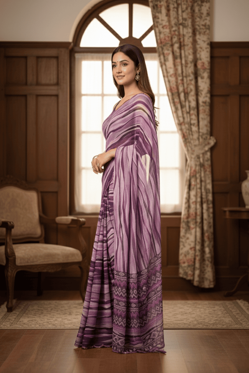 Purple Printed Mirror Work Georgette Saree