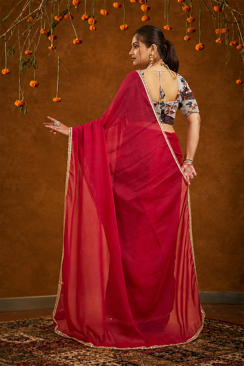 Red Solid Plain Georgette Saree