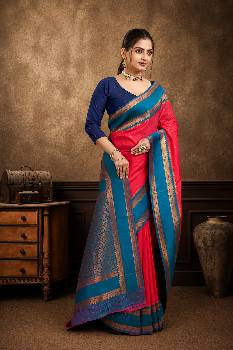 Red Narayan Border Silk Blend Saree