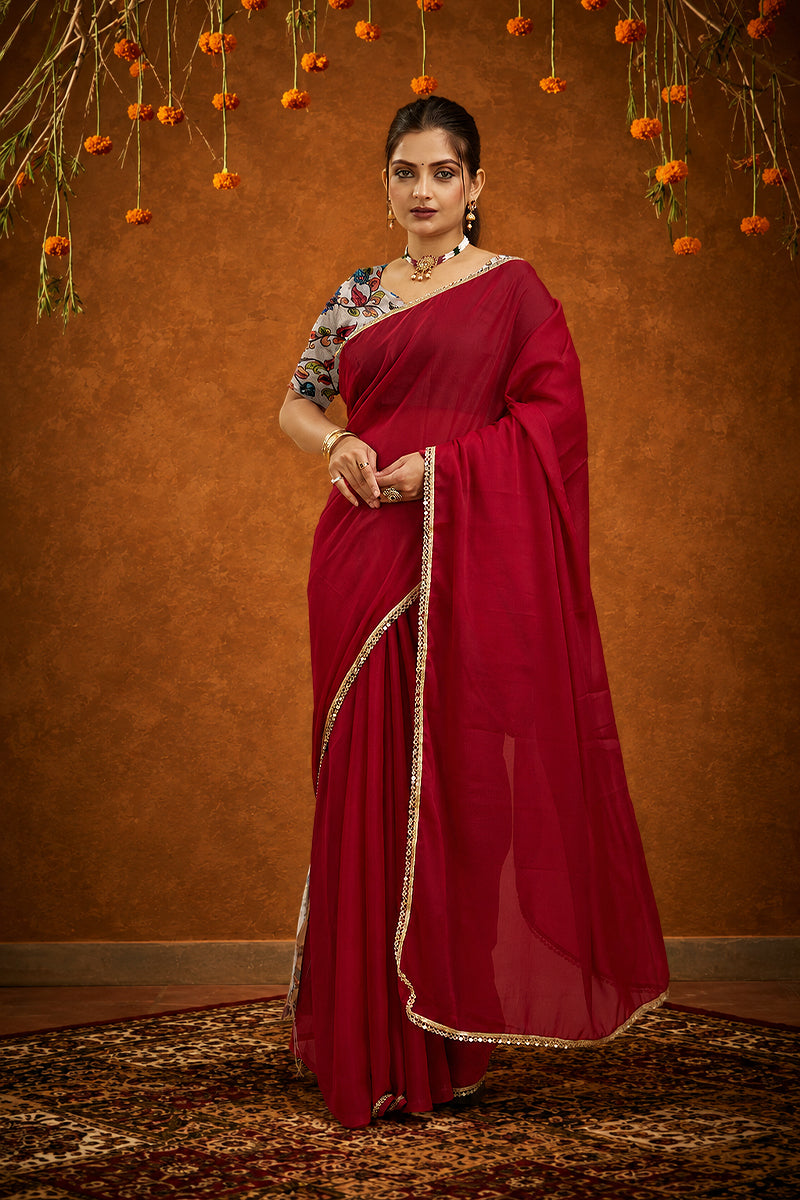 Red Solid Plain Georgette Saree
