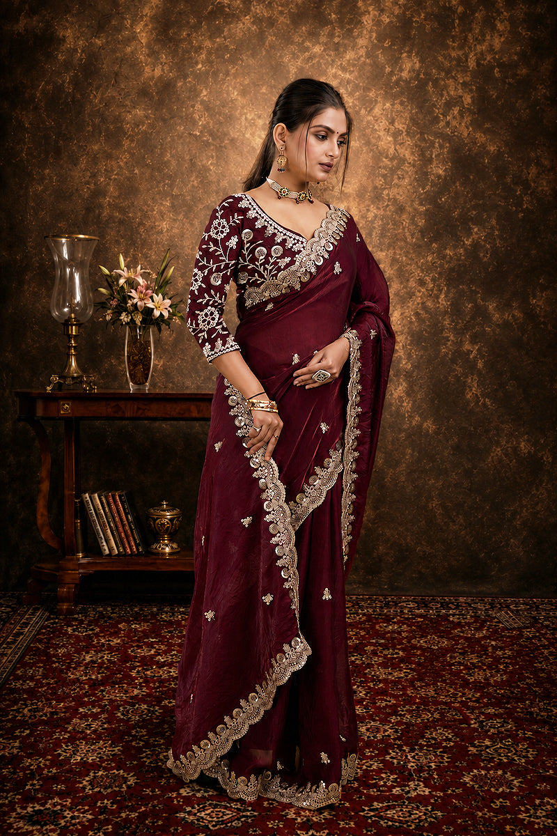 Wine Sequined Embroidered Fancy Chiffon Saree