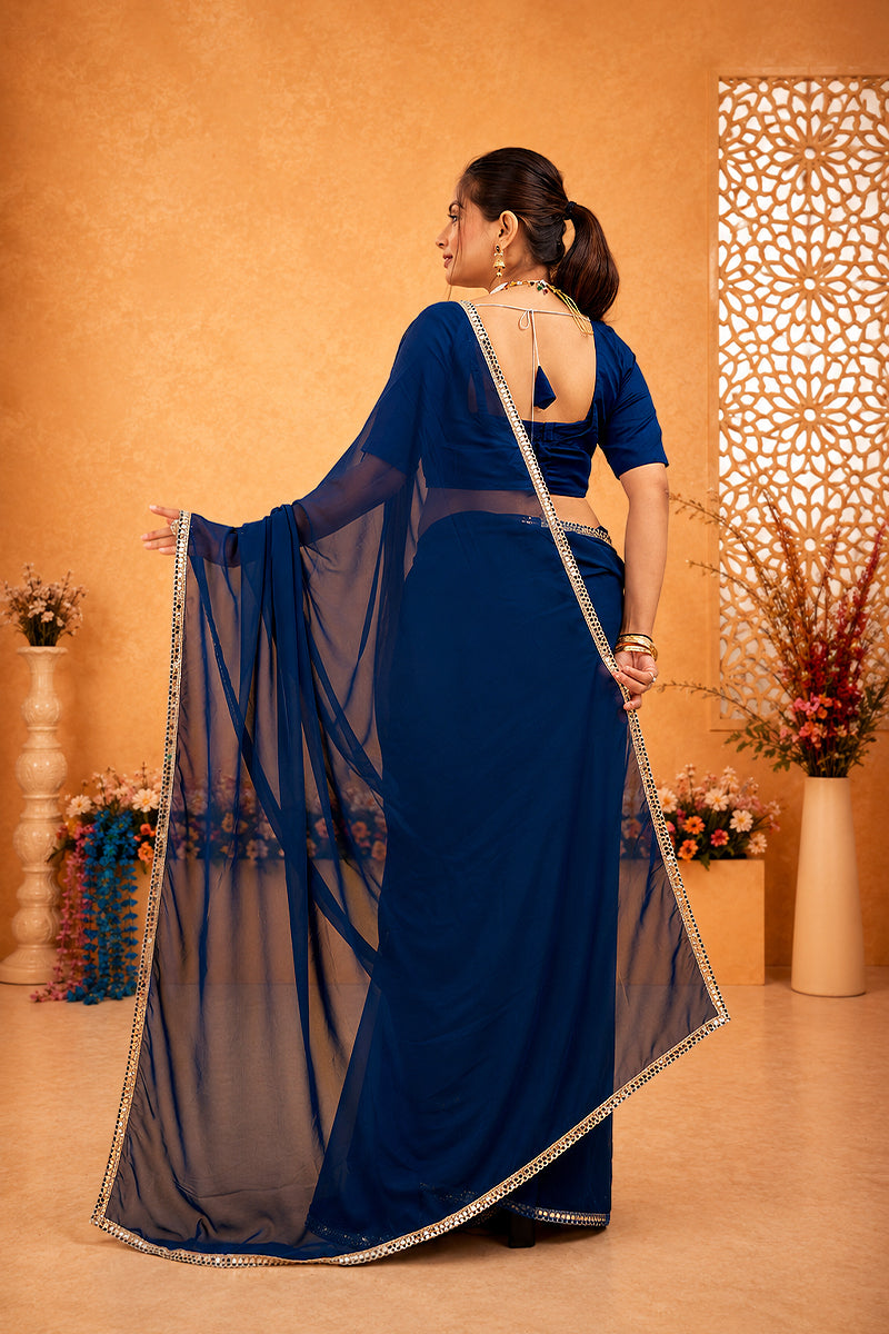 Royal Blue Mirror Lace Georgette Saree