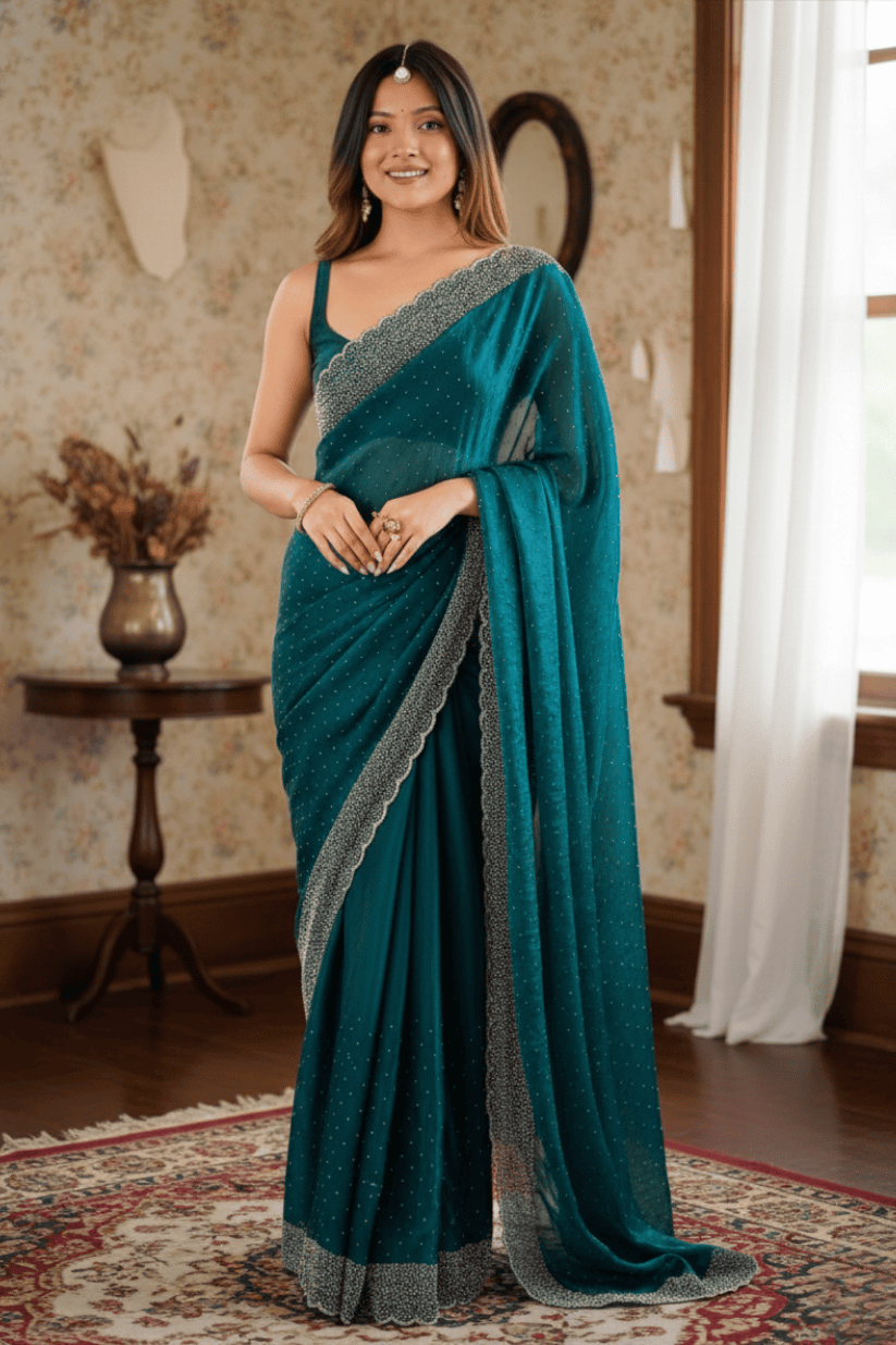 Rama Blue Swarovski Soft Silk Saree