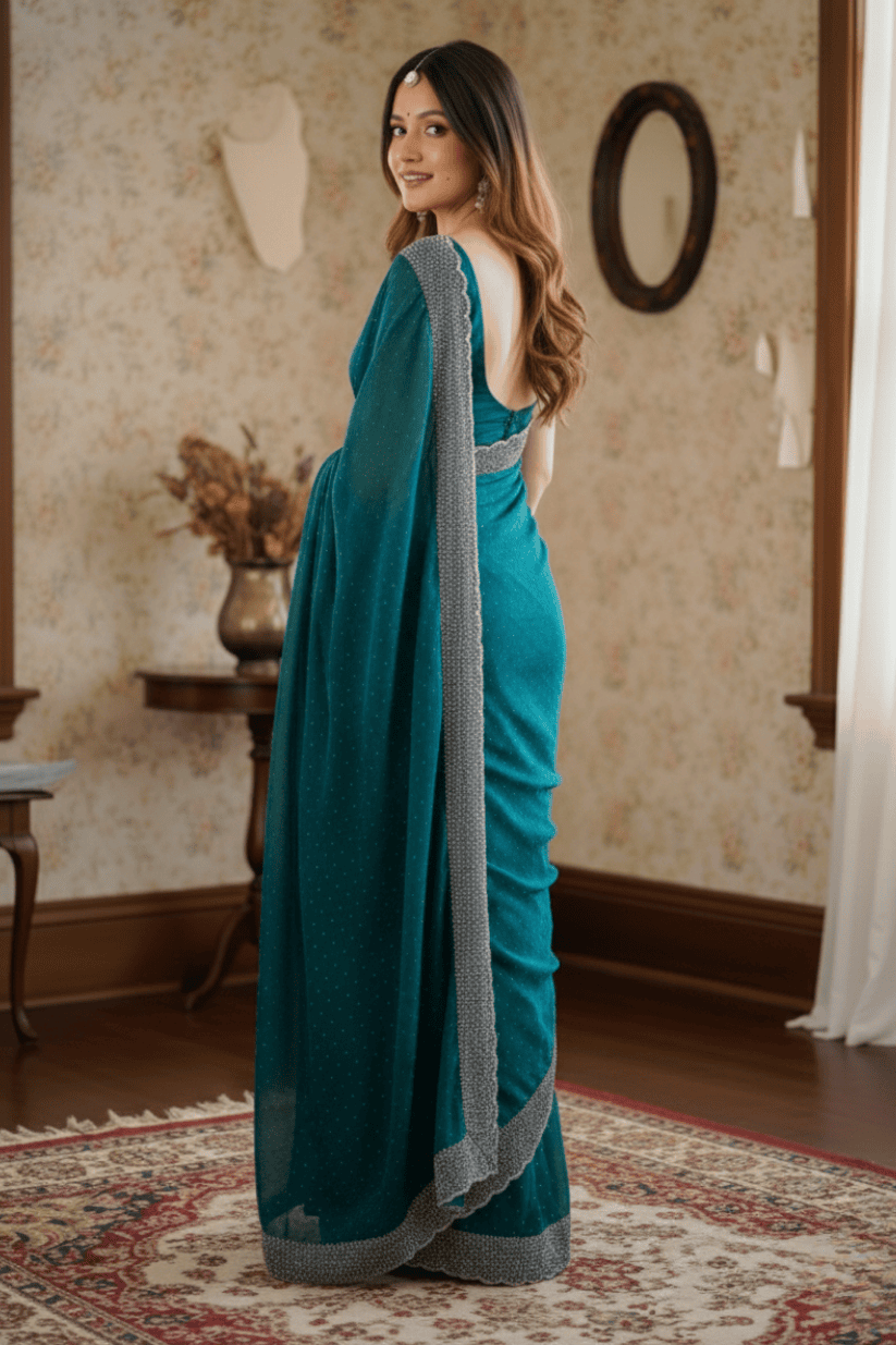 Rama Blue Swarovski Soft Silk Saree