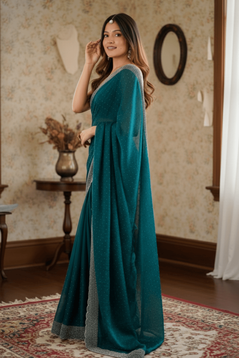 Rama Blue Swarovski Soft Silk Saree