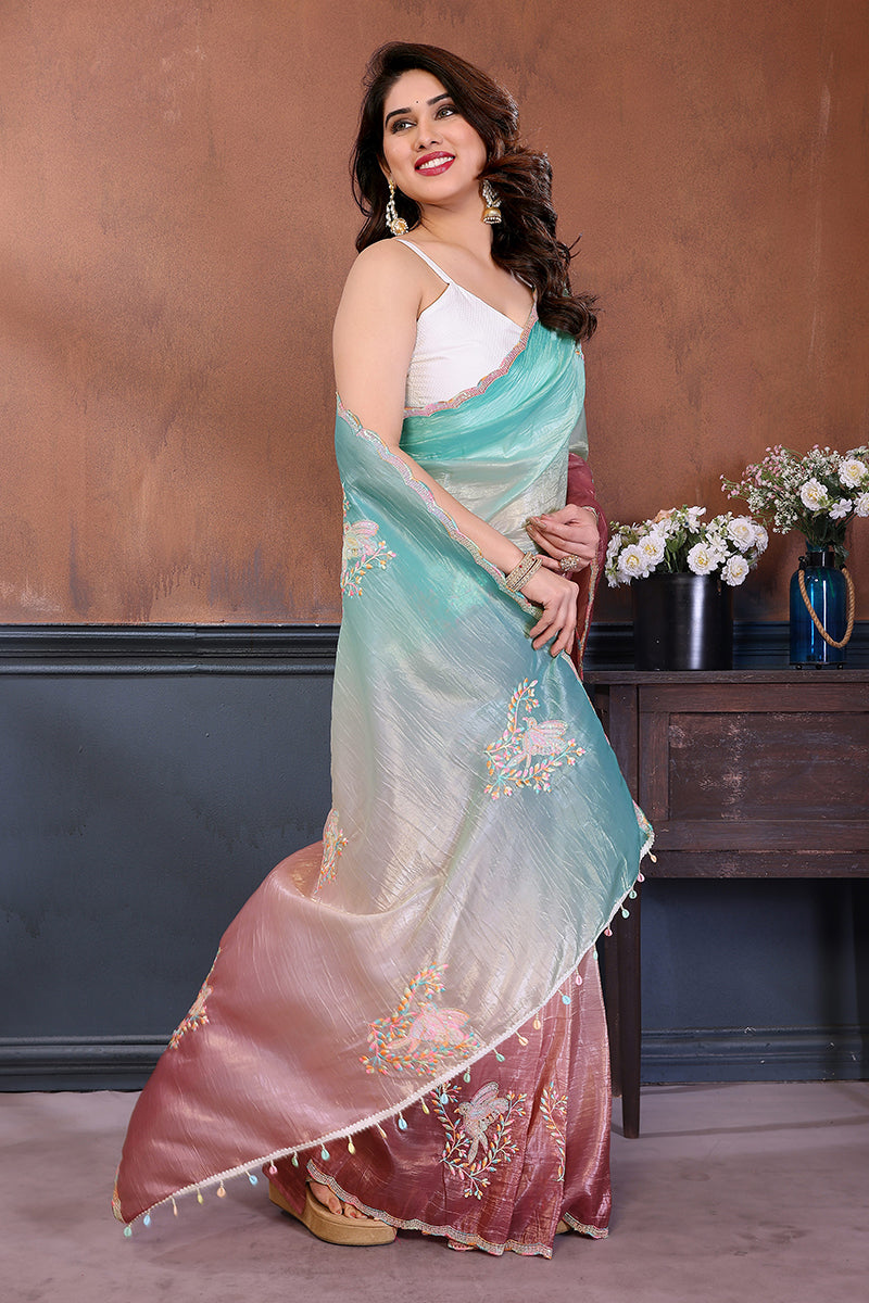 Rama Pink Dual Shade Embroidered Saree