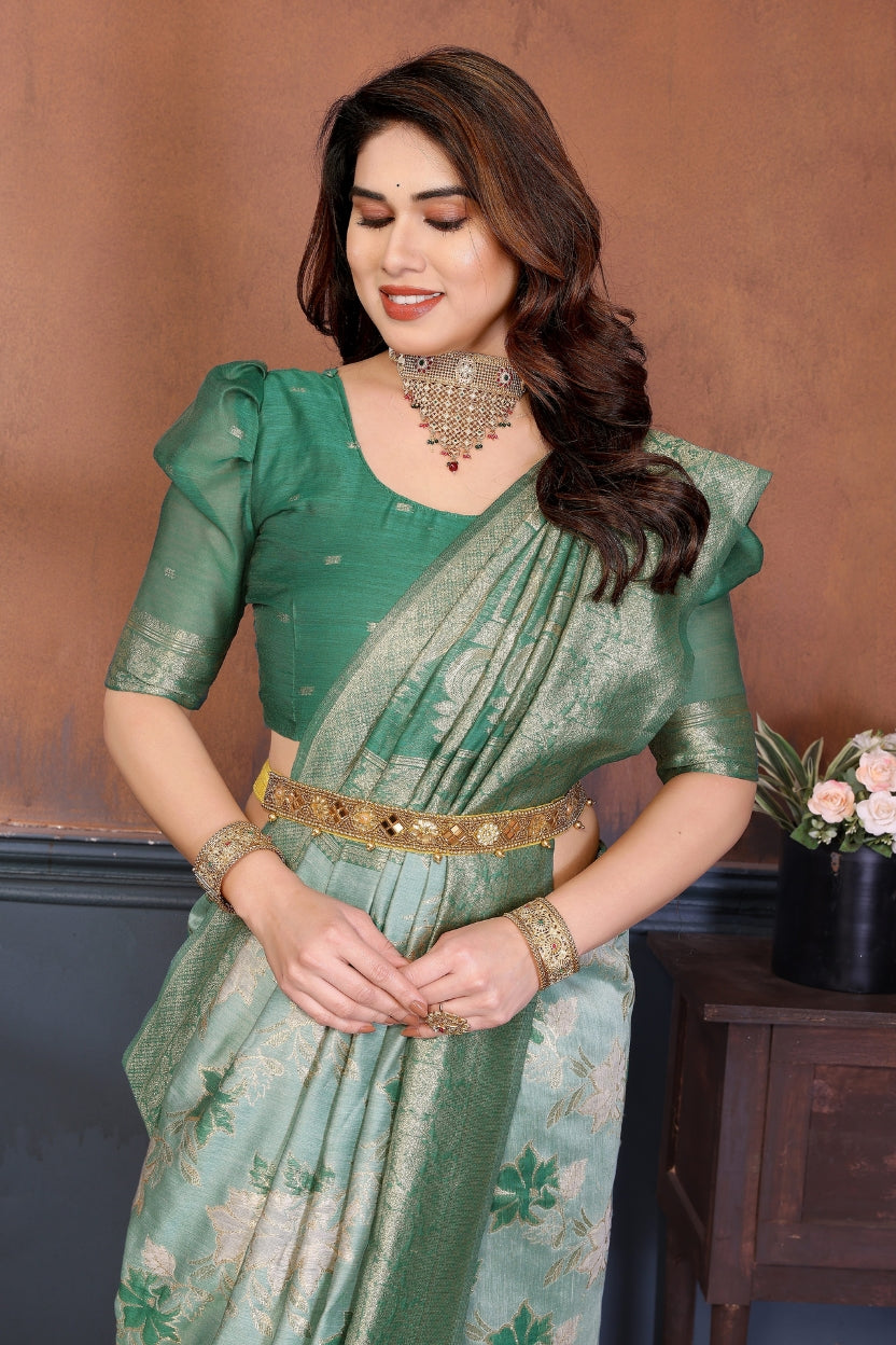 Rama Lotus Cotton Blend Jacquard Zari Saree