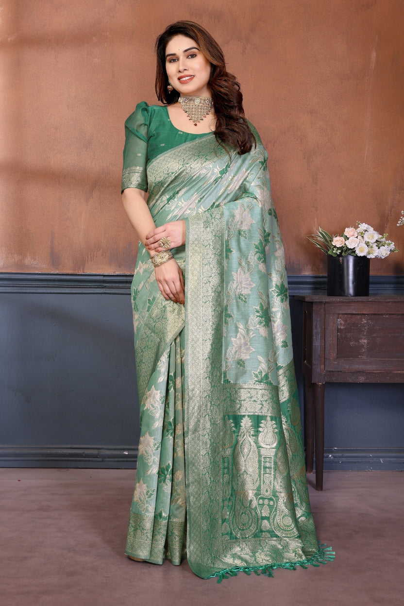 Rama Lotus Cotton Blend Jacquard Zari Saree