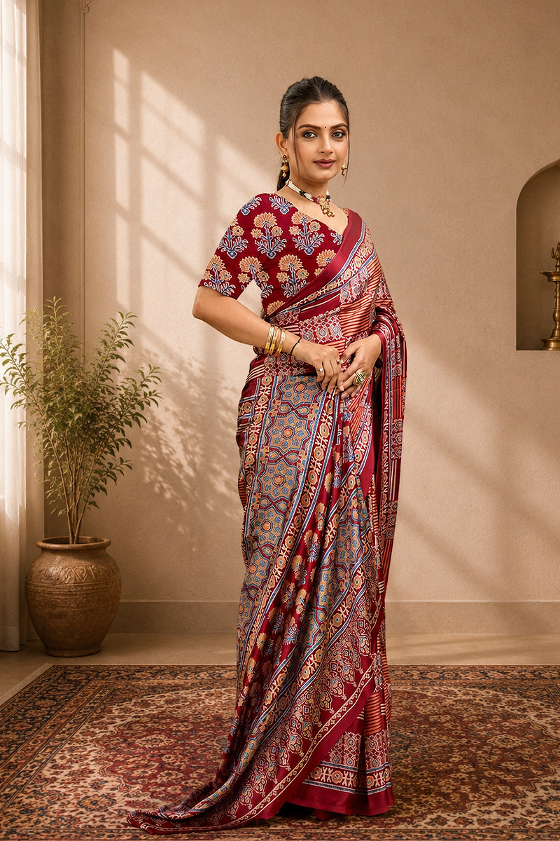 Red Ajrakh Semi Gaji Silk Saree