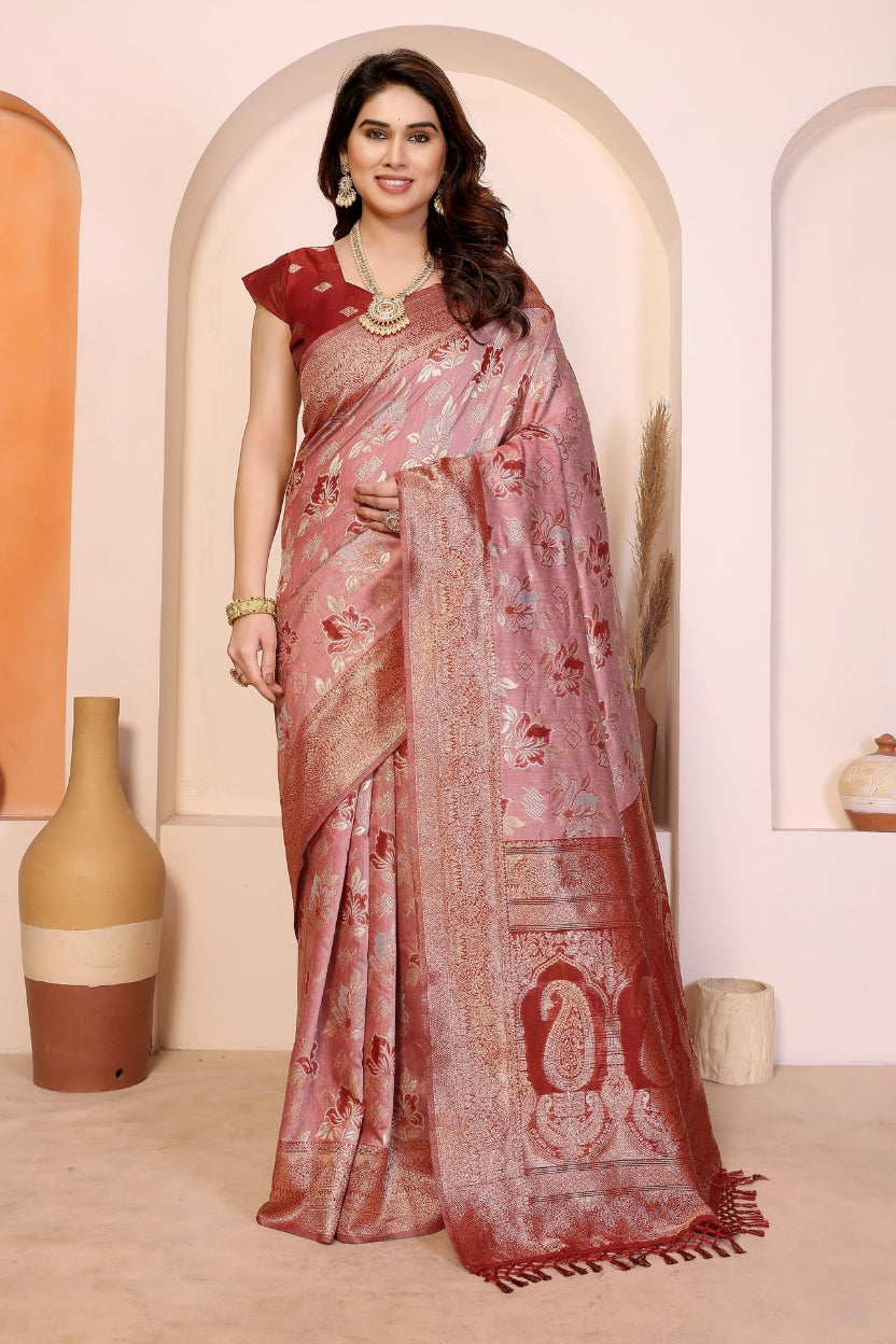 Red Cotton Blend Jacquard Zari Saree