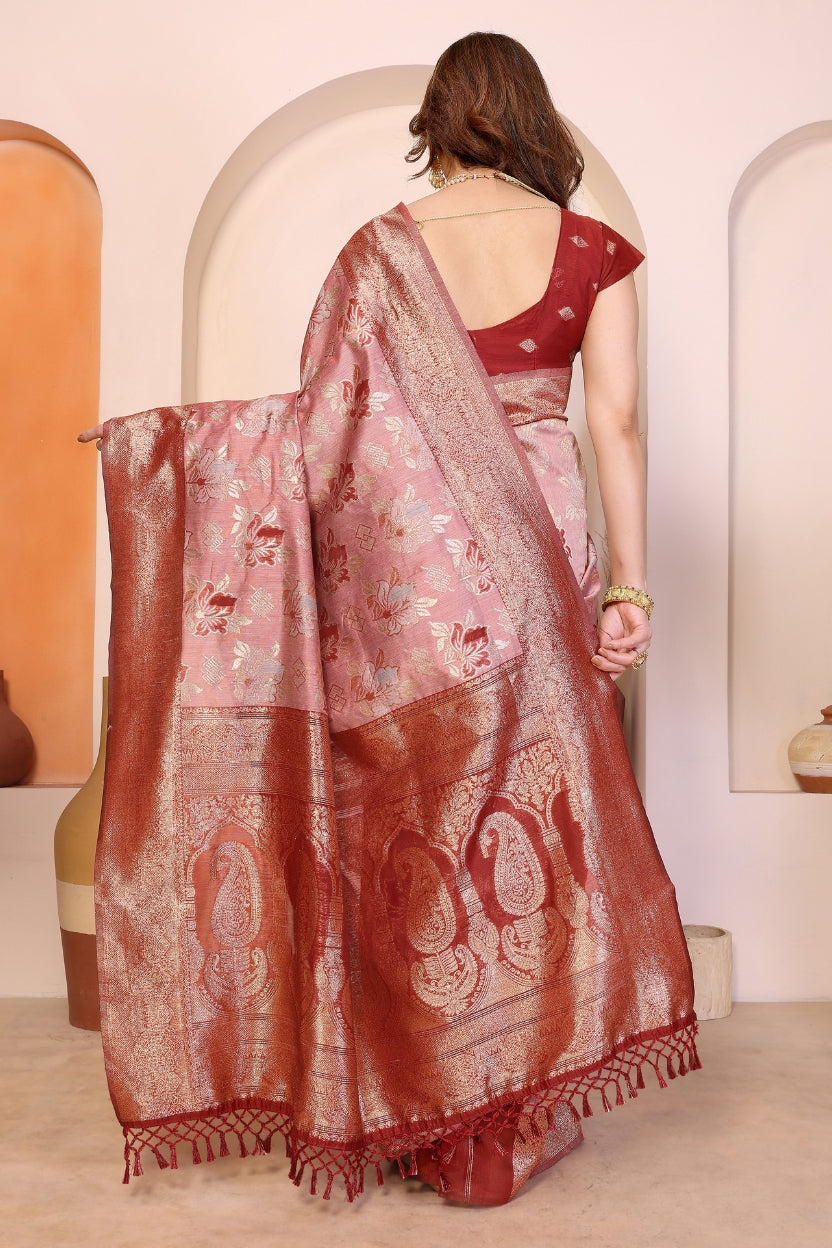 Red Cotton Blend Jacquard Zari Saree