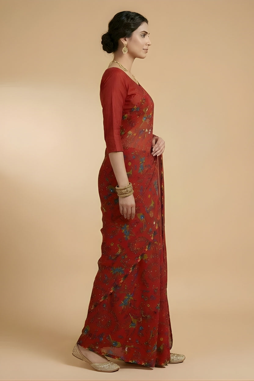 Red Floral Printed Georgette Saree