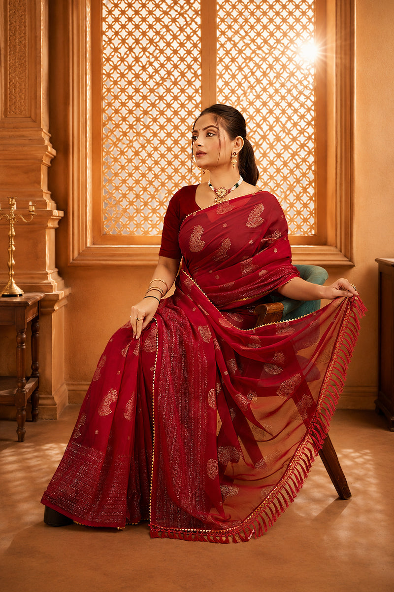 Red Foil Printed Georgette Saree