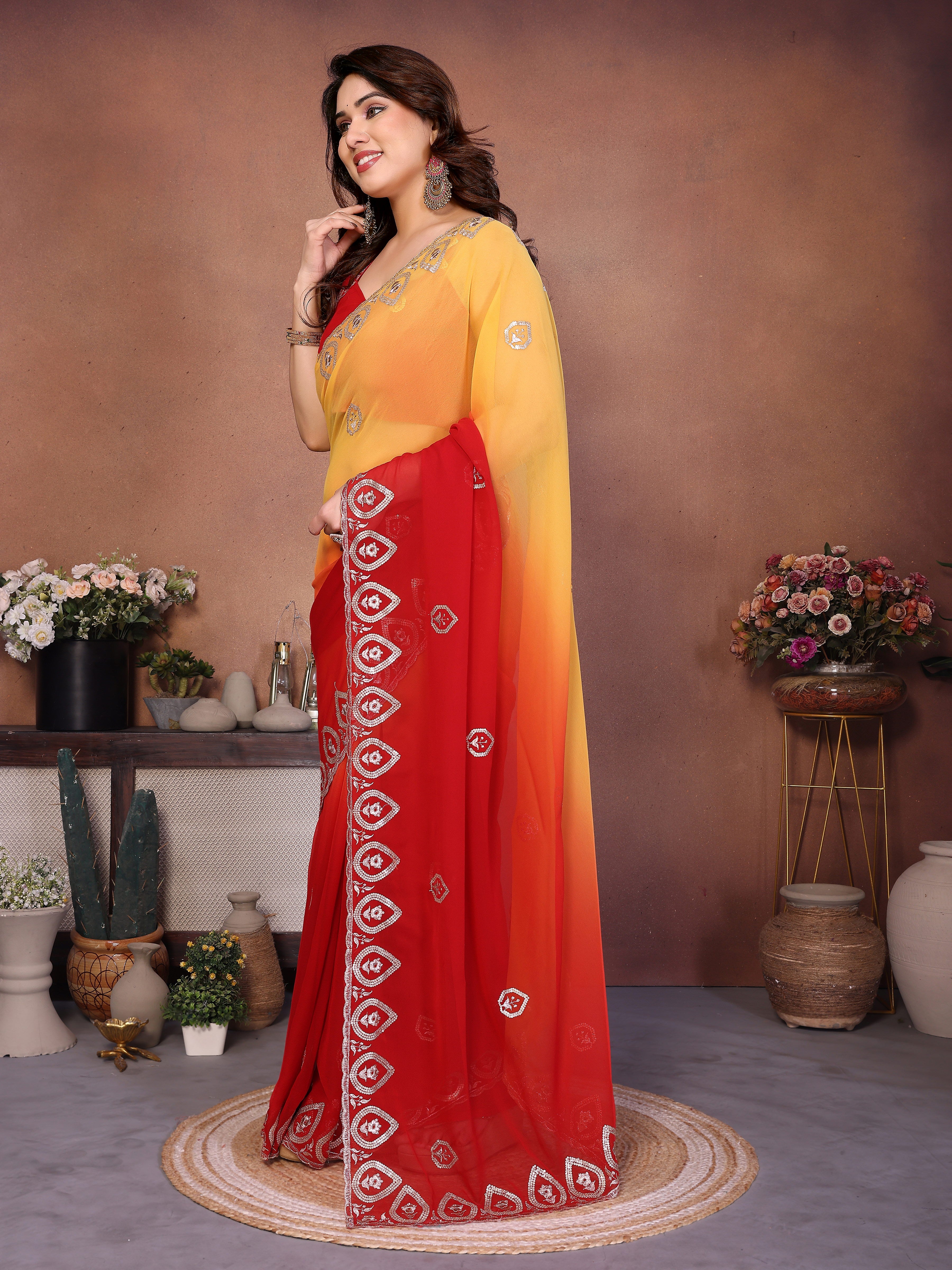Red Georgette Embroidered Saree