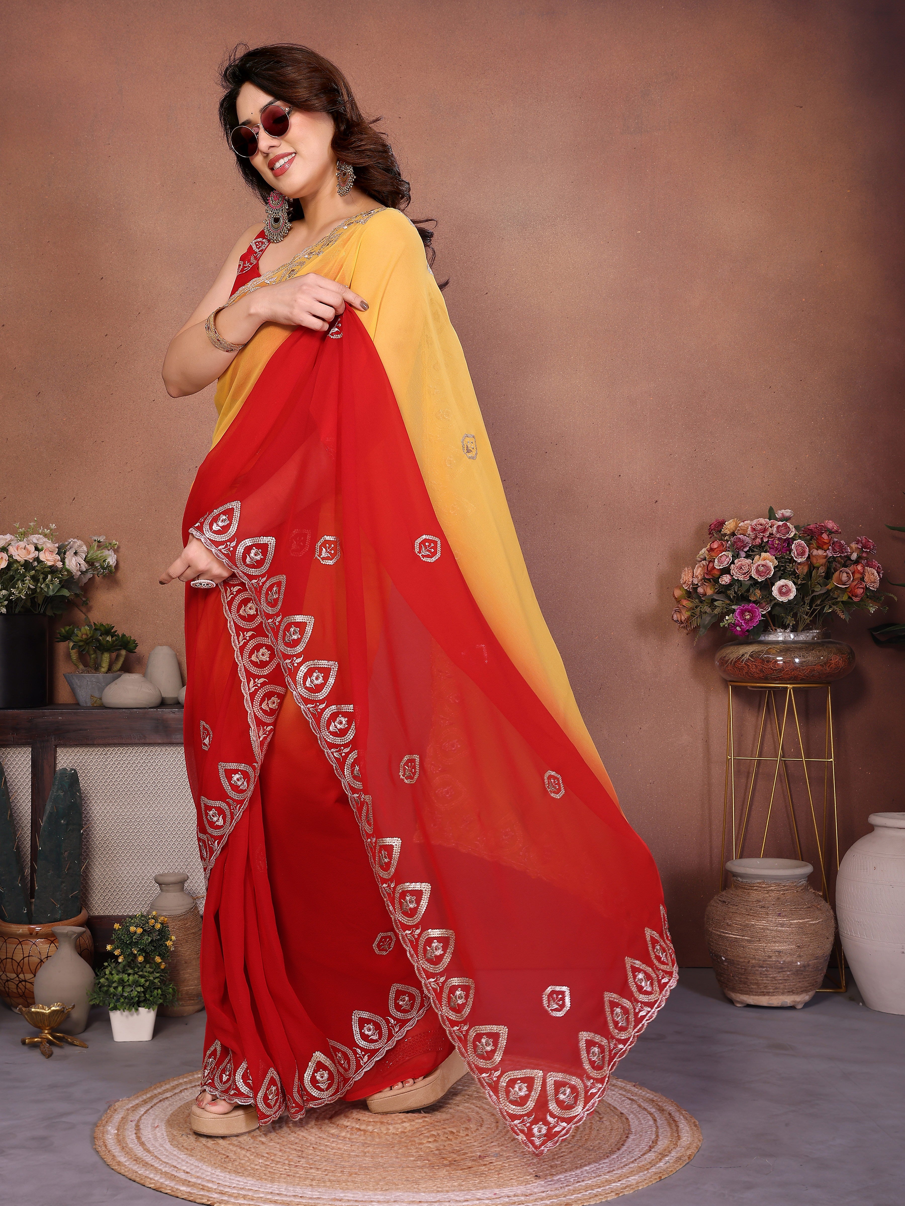 Red Georgette Embroidered Saree
