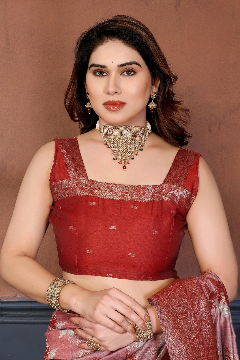 Red Lotus Cotton Blend Jacquard Zari Saree