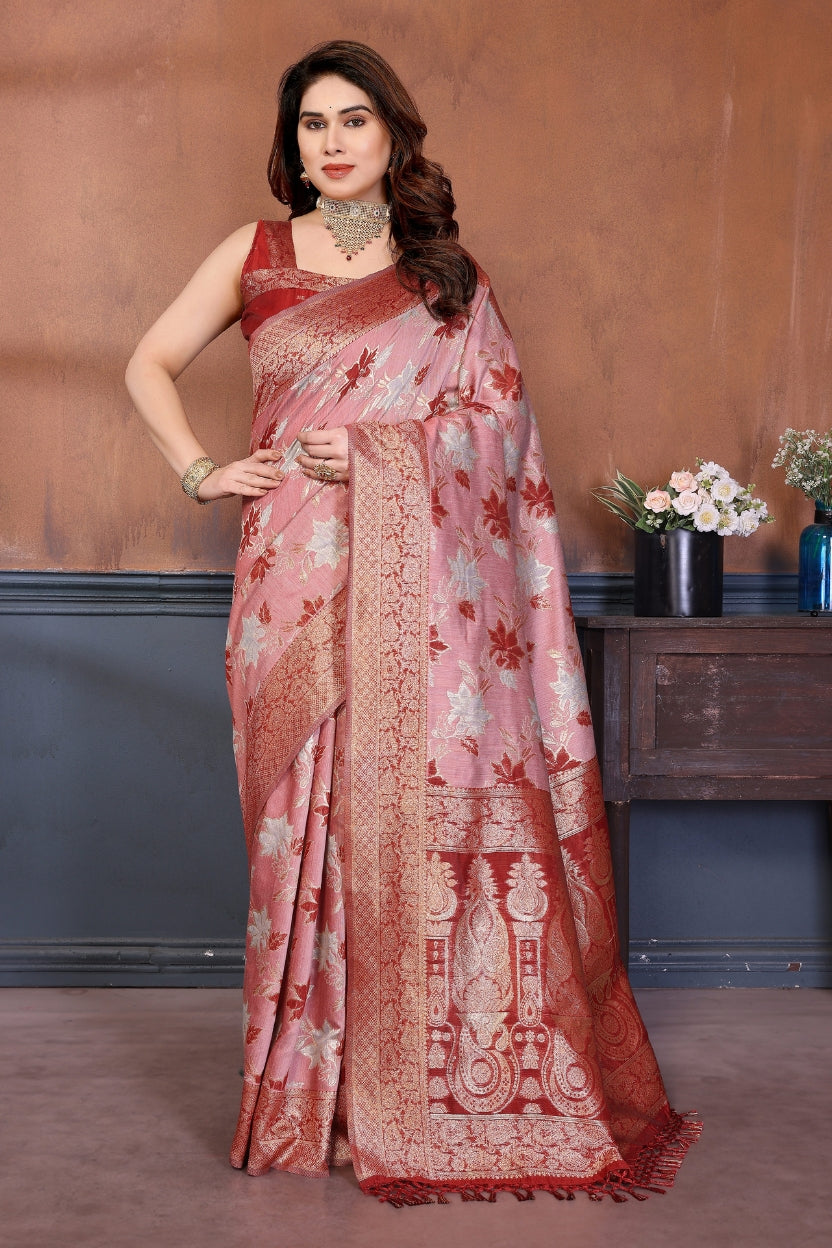 Red Lotus Cotton Blend Jacquard Zari Saree