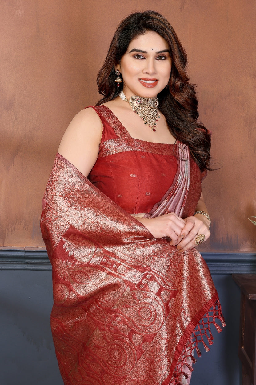 Red Lotus Cotton Blend Jacquard Zari Saree