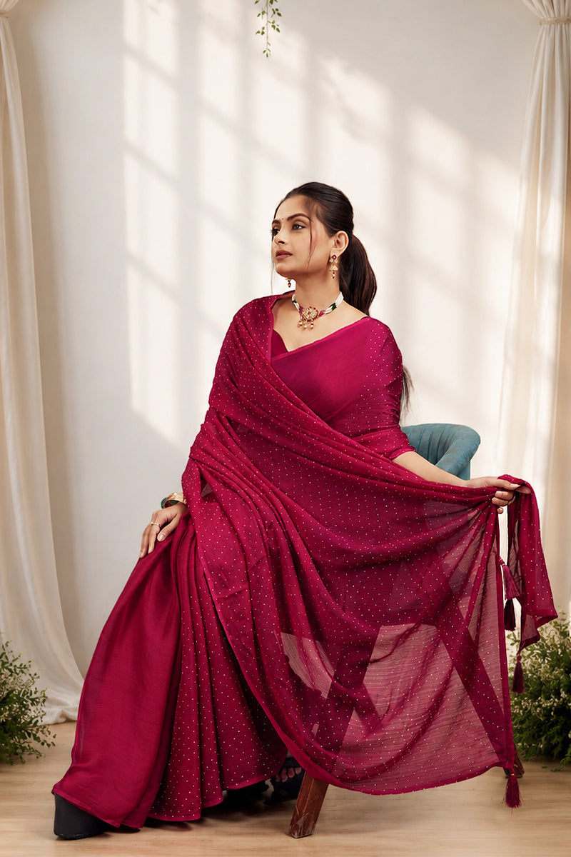 Red Stone Work Satin Chiffon Saree