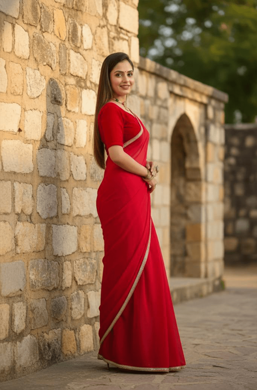 Red Mirror Lace Georgette Saree