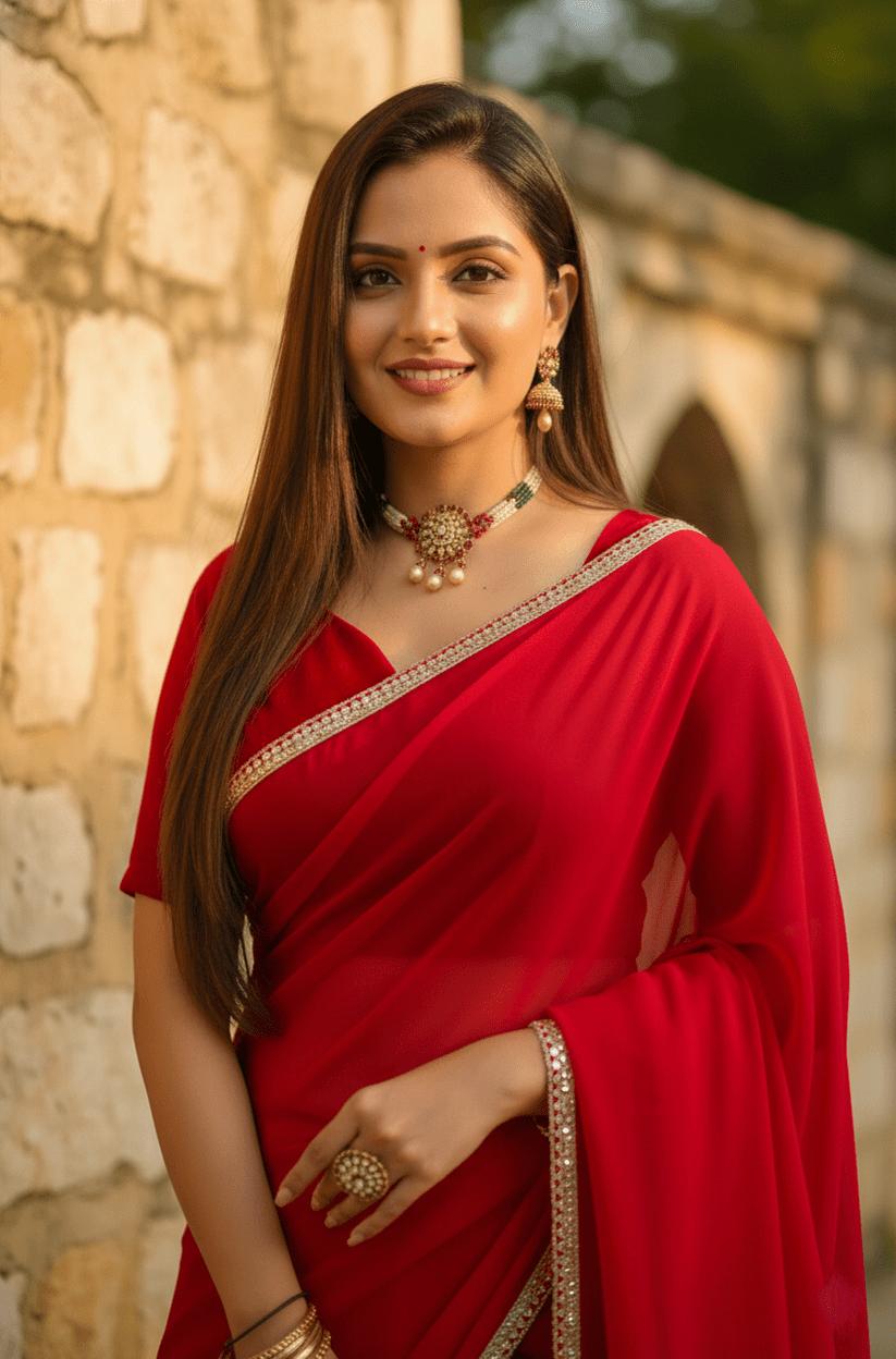 Red Mirror Lace Georgette Saree