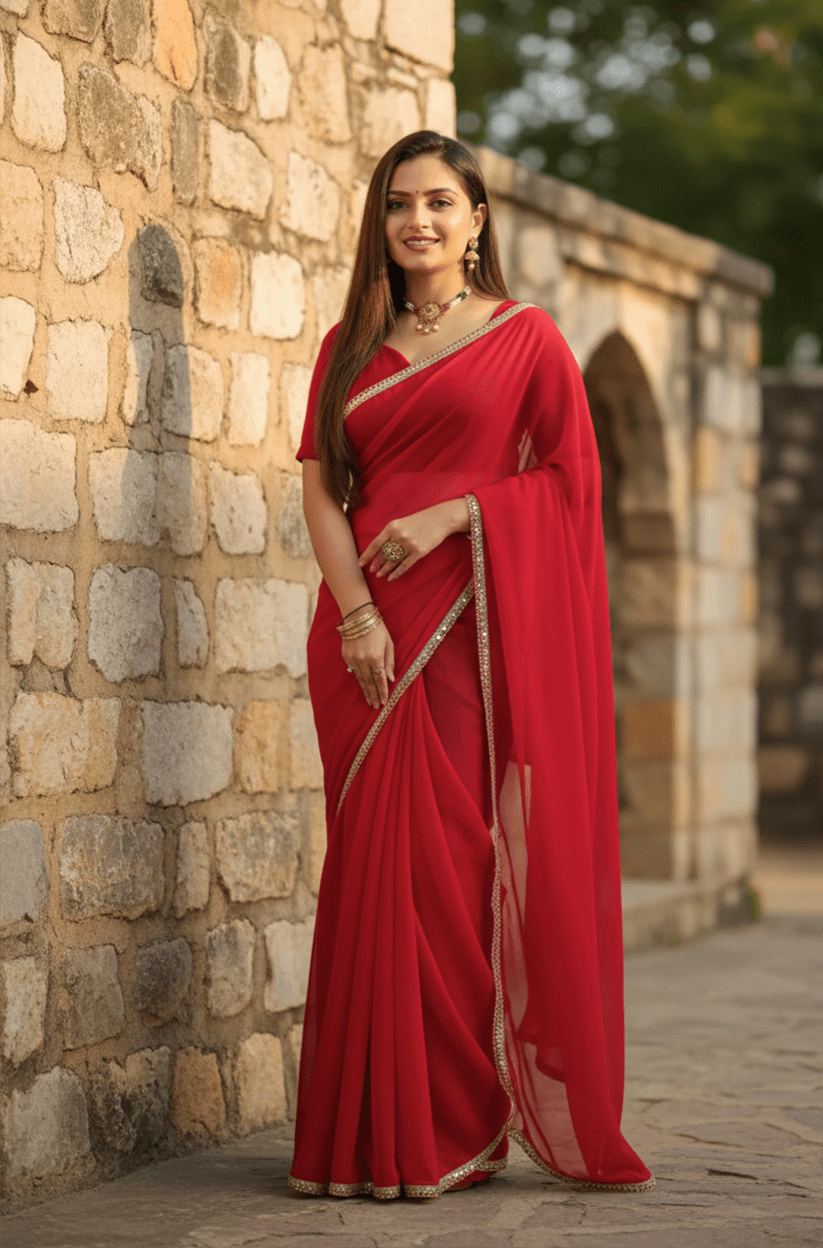 Red Mirror Lace Georgette Saree