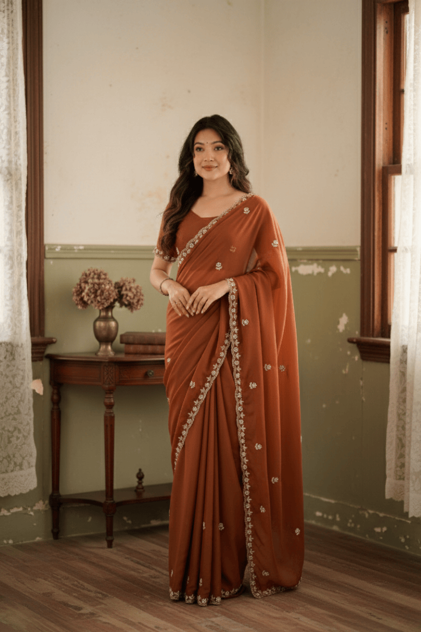 Rust Orange Embroidered Georgette Lace Saree