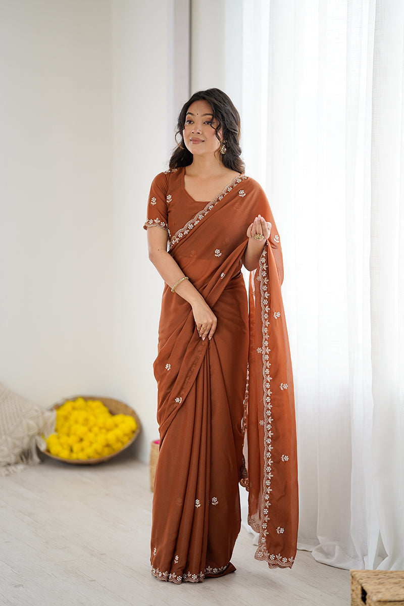 Rust Orange Embroidered Georgette Lace Saree