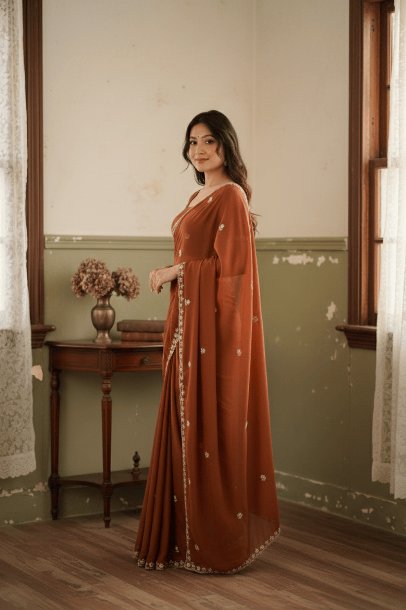 Rust Orange Embroidered Georgette Lace Saree