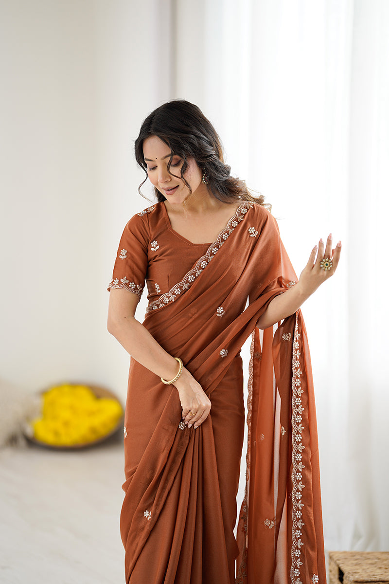 Rust Orange Embroidered Georgette Lace Saree