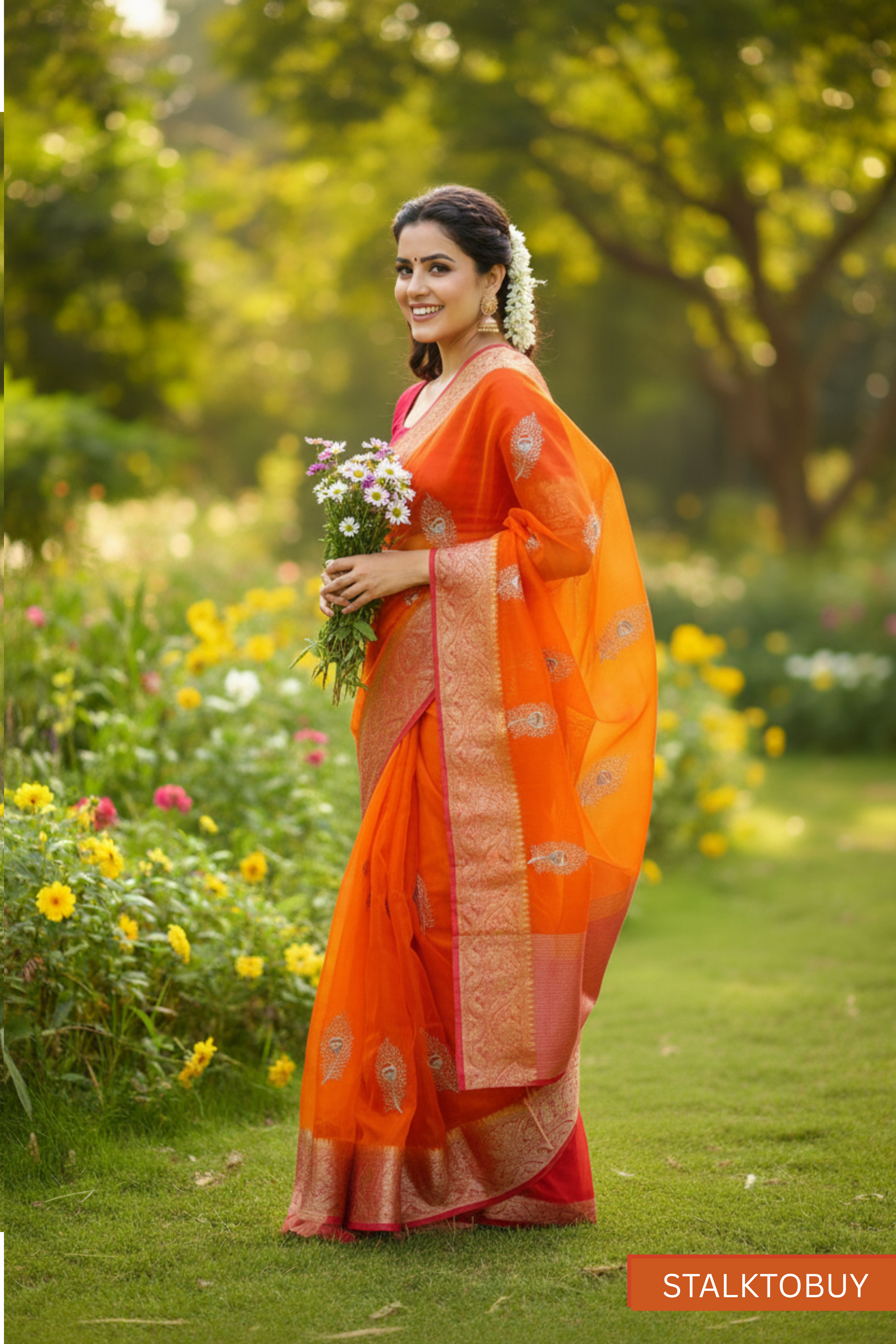 Orange Organza Soft Jacquard Kanjivaram Saree