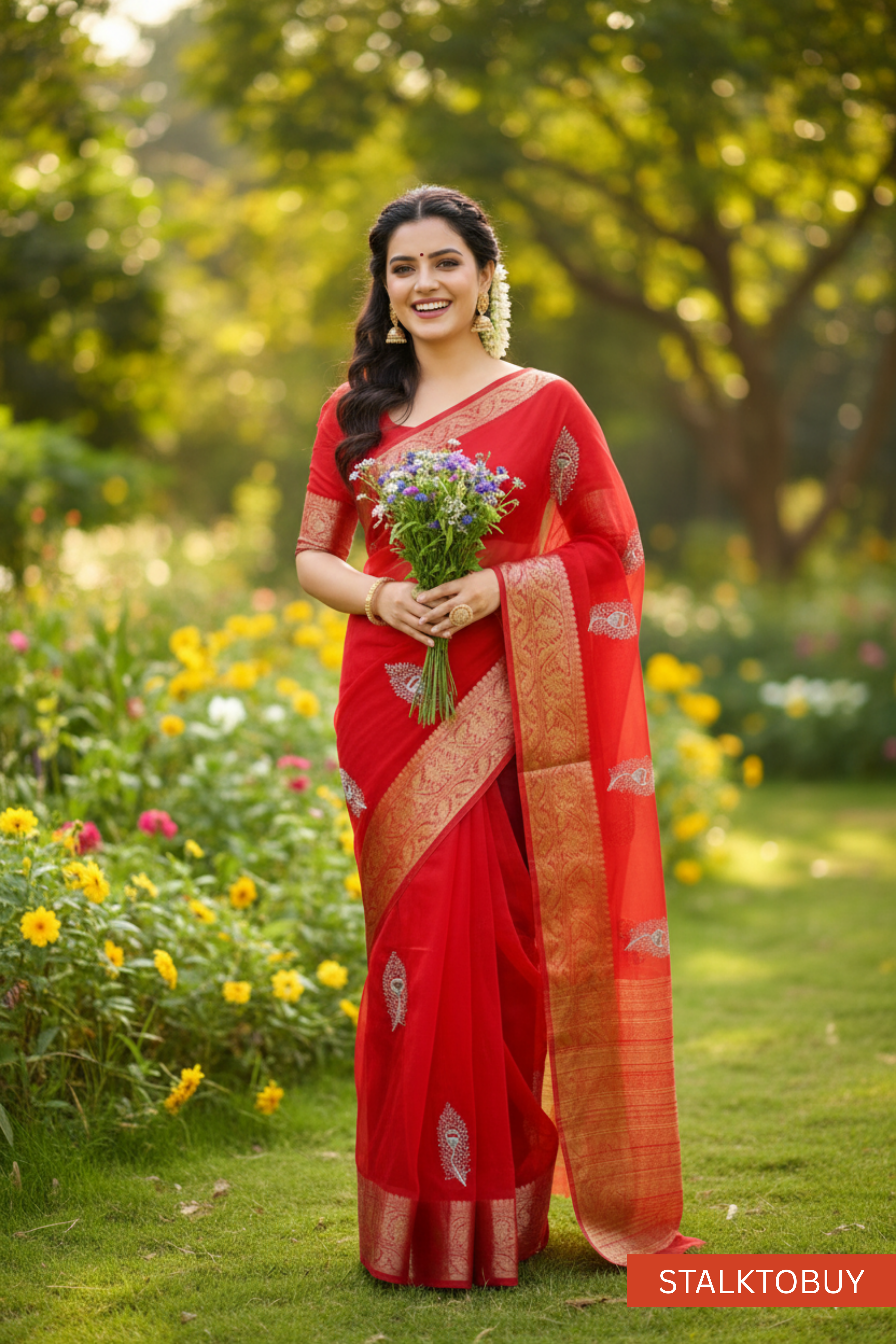 Red Organza Soft Jacquard Kanjivaram Saree