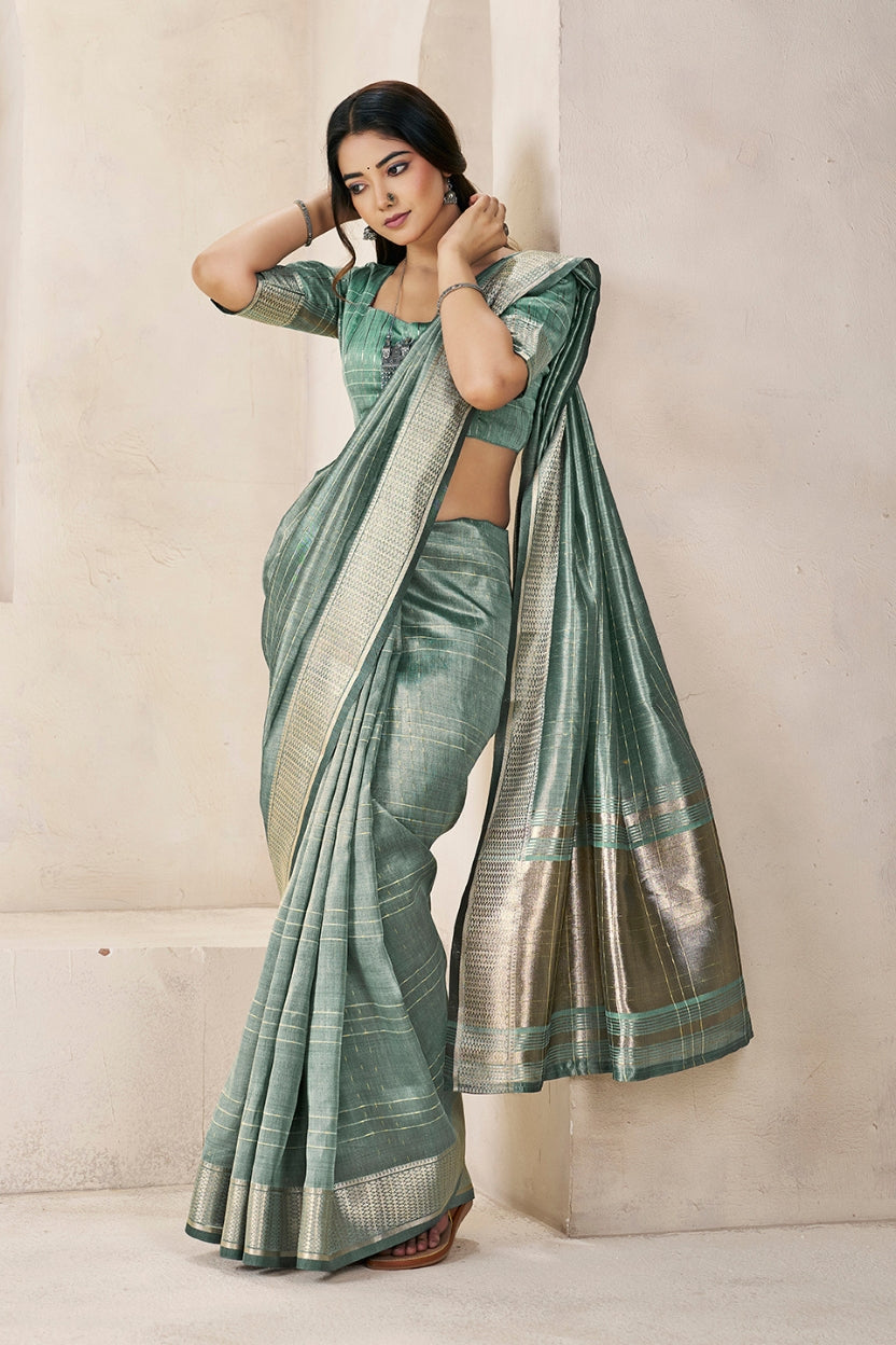 Sage Green Linen Cotton Saree